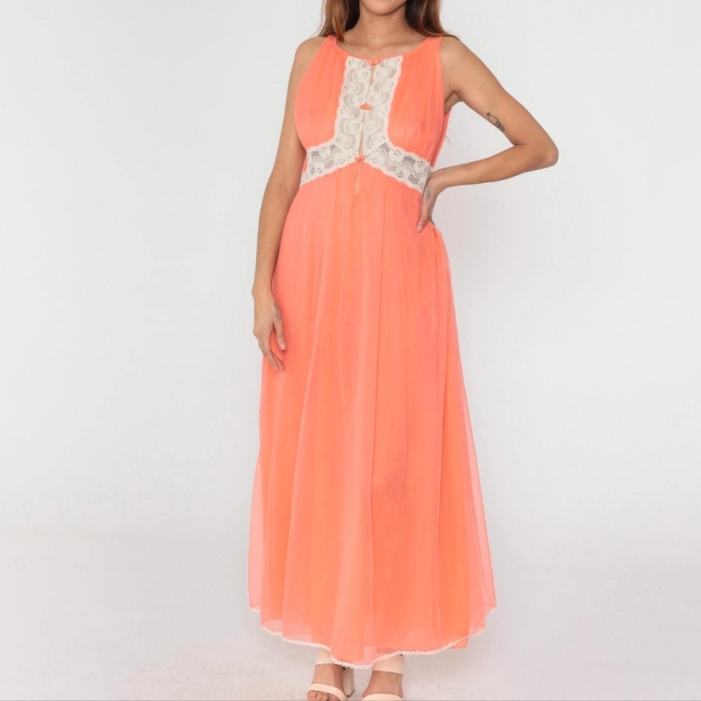 Vintage Gossard Artemis Nylon Chiffon Lace Trim Nightgown, Medium - Orange